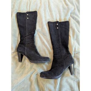 LA Canadienne Women's Size 10M Black Suede Leather Combo Heeled Boots Mid Calf